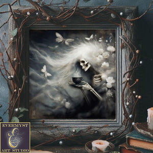a painting of a skeleton holding a book