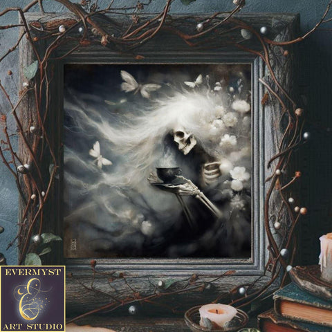 a painting of a skeleton holding a book