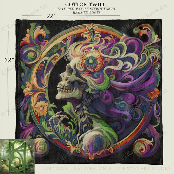 The image is a vibrant and intricate artwork featuring a stylized skull surrounded by a colorful, ornate border. The artwork is described as a "Cotton Twill" with textured woven sturdy fabric, and it has a 22-inch size. The image is a part of a larger collection, as indicated by the copyright notice from Evermsti Art Studio.