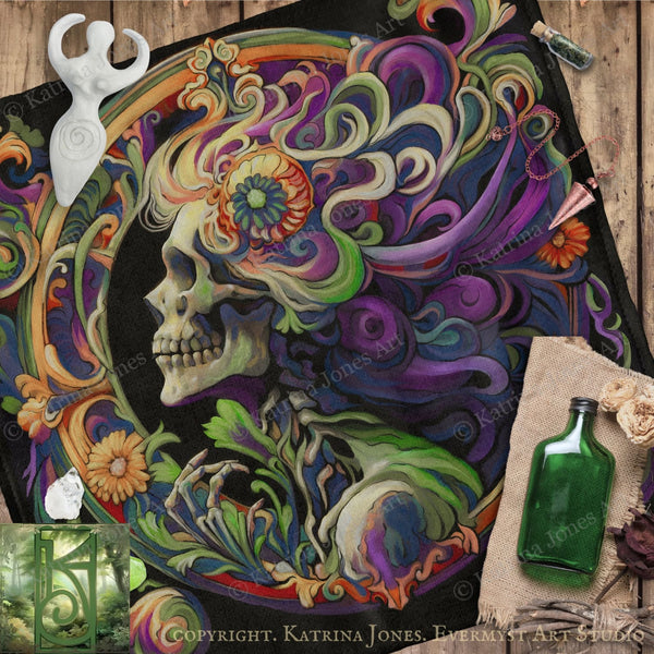 The image is a vibrant and intricate artwork featuring a stylized skull surrounded by swirling patterns and colors, including flowers and leaves. The artwork is displayed on a wooden surface, with various objects such as a bottle, a sculpture, and a bouquet of flowers in the background.