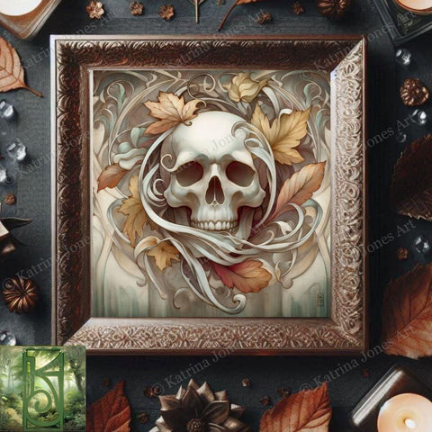 a painting of a skull surrounded by autumn leaves