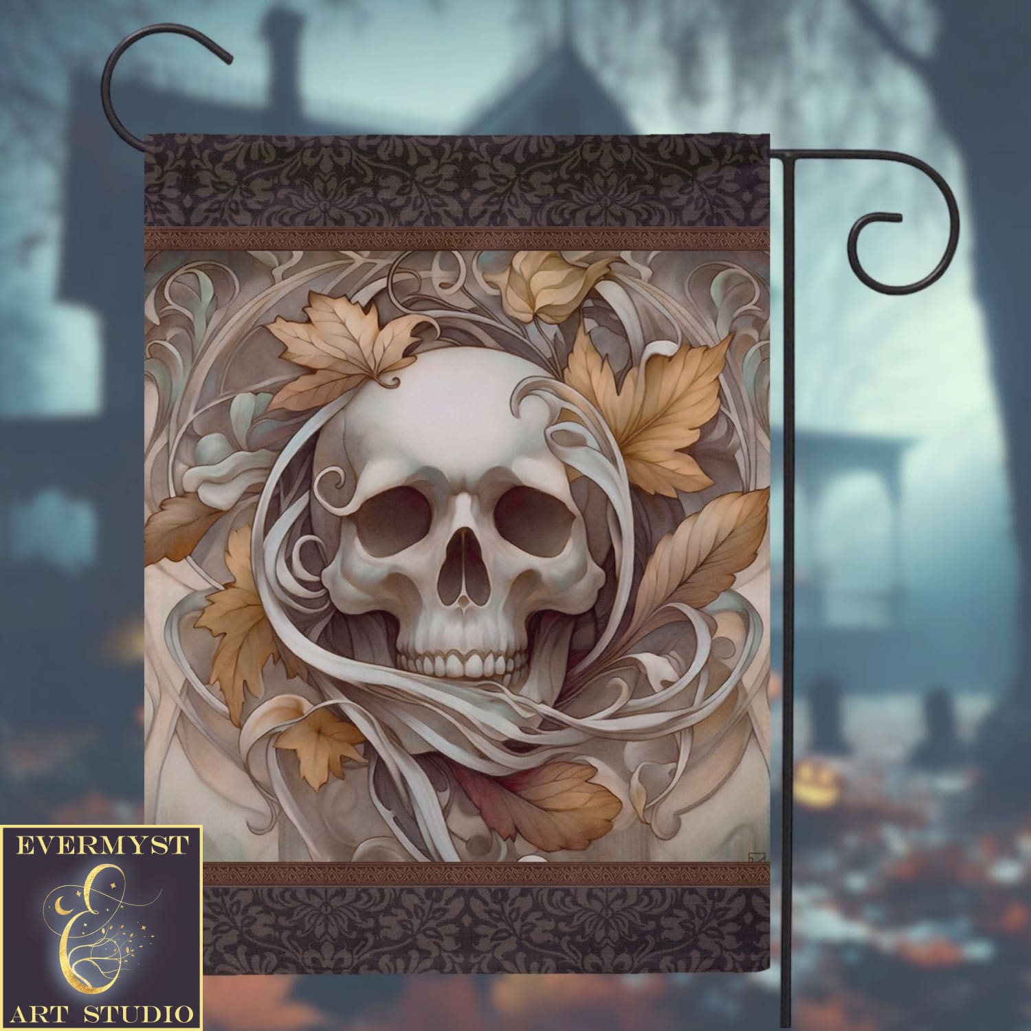 a picture of a skull with leaves on it