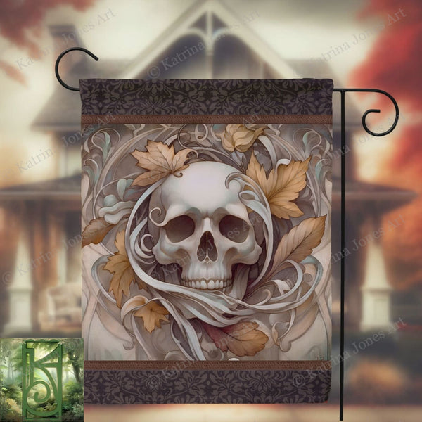 a painting of a skull with leaves on it