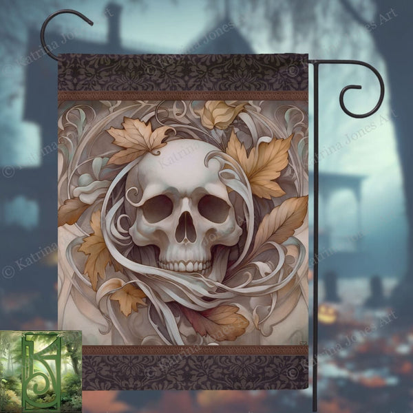 a picture of a skull with leaves on it