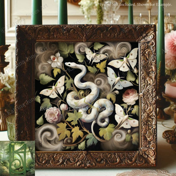 a picture frame with a painting of a snake and flowers