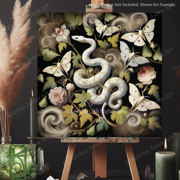 a painting of a snake and flowers on a easel