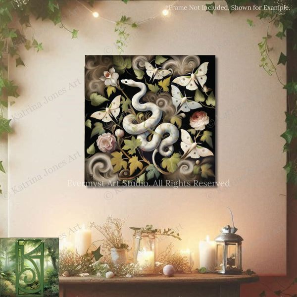 a painting of a snake and flowers on a wall