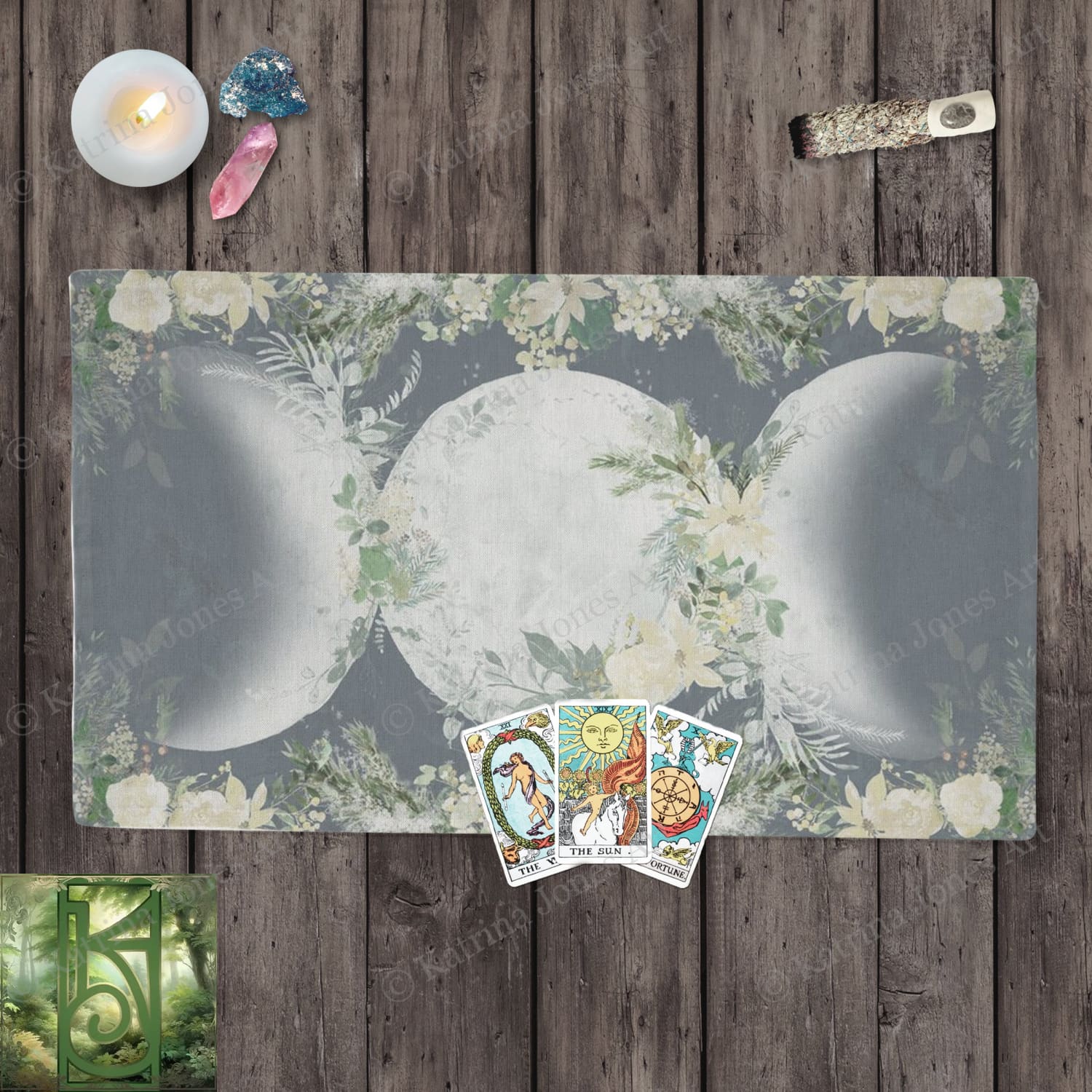 Triple Moon Altar Cloth - Winter Garden Wicca Pagan Witch Tarot Cotton Twill Rec