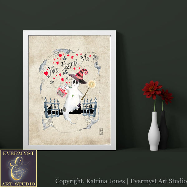 Spooky Cute Love Ghost Art Print Whimsical Halloween Illustration Gothic Macabre Wall Decor