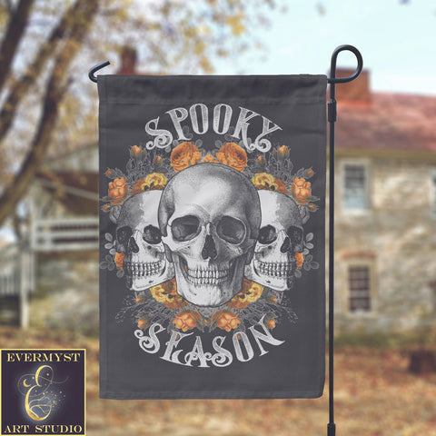 Spooky Season Halloween Garden Flag - Gothic Skulls Flowers Halloween Decoration Yard Sign