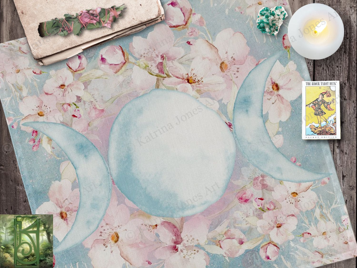 Triple Moon Altar Cloth - Spring Blossom Ostara Decor For Tarot Readings 22X22 Inch Twill Square