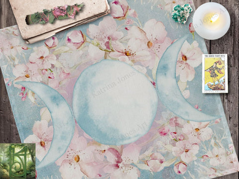 Triple Moon Altar Cloth - Spring Blossom Ostara Decor For Tarot Readings 22X22 Inch Twill Square