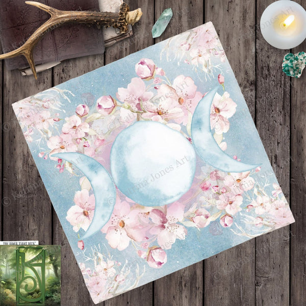 Triple Moon Altar Cloth - Spring Blossom Ostara Decor For Tarot Readings Square