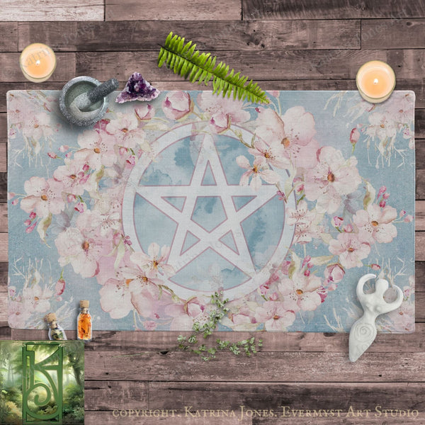 a place mat with a pentagram surrounded by flowers and candles