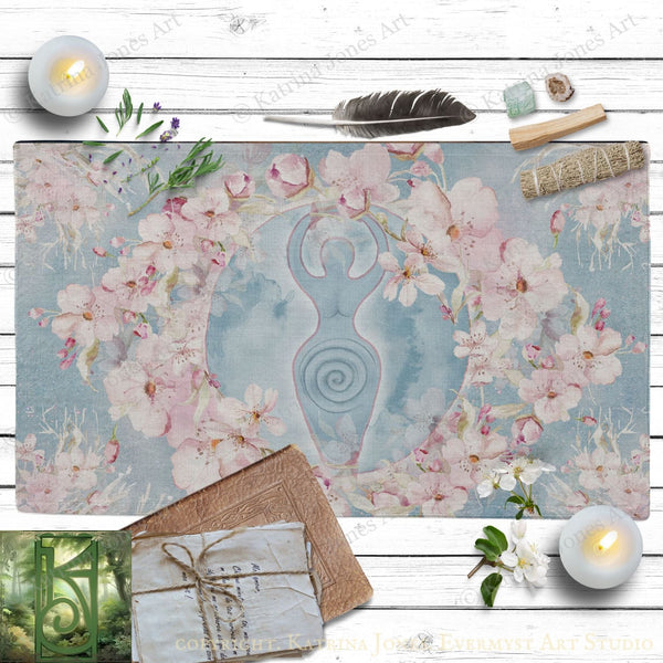 a painting of a woman surrounded by flowers and candles