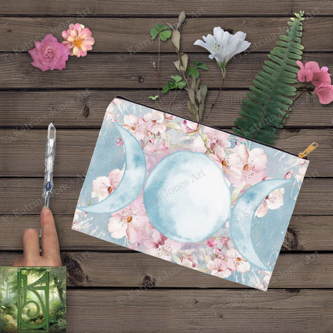 Spring Blossom Triple Moon Accessory Pouches Vintage Design Witch Wicca Pagan Decor Zippered Tarot