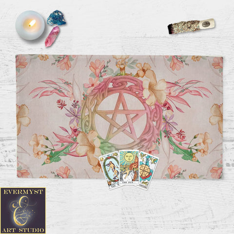 Spring Floral Pentacle Altar Cloth Witch Pagan Flowery Tarot Mat Cotton Twill Rec