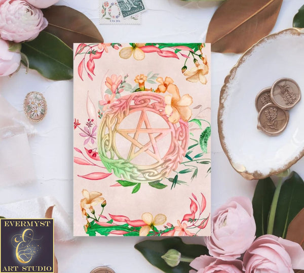 Spring Floral Pentacle Greeting Card Witch Pagan Wicca Notecard Stationary Card