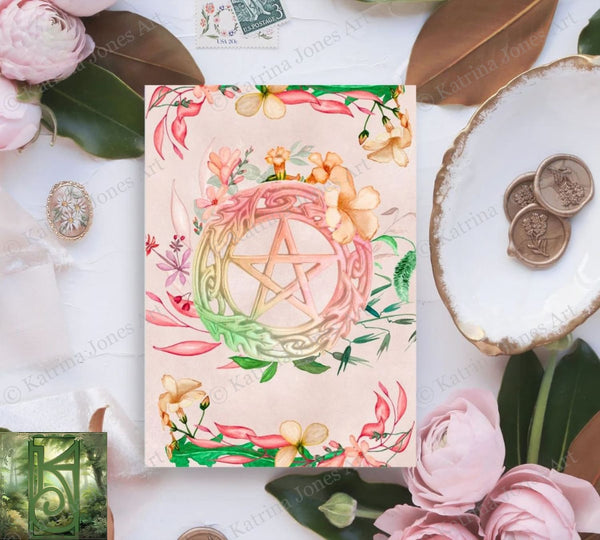 Spring Floral Pentacle Greeting Card Witch Pagan Wicca Notecard Stationary Card