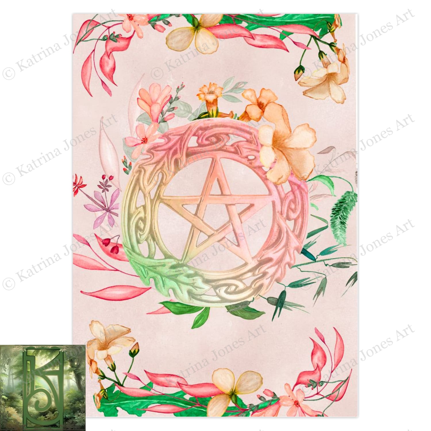 Spring Floral Pentacle Greeting Card Witch Pagan Wicca Notecard Stationary 10 Cards Card