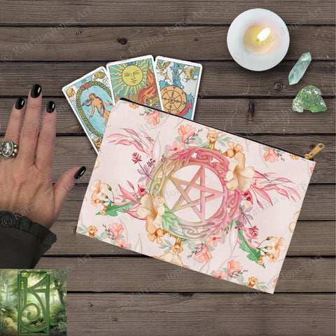 Spring Floral Pentacle Accessory Pouches Vintage Design Witch Wicca Pagan Decor Zippered Tarot Bag