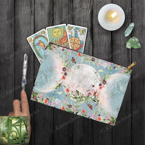 Floral Triple Moon Accessory Pouches Witch Wicca Pagan Zippered Tarot Bag Pouch