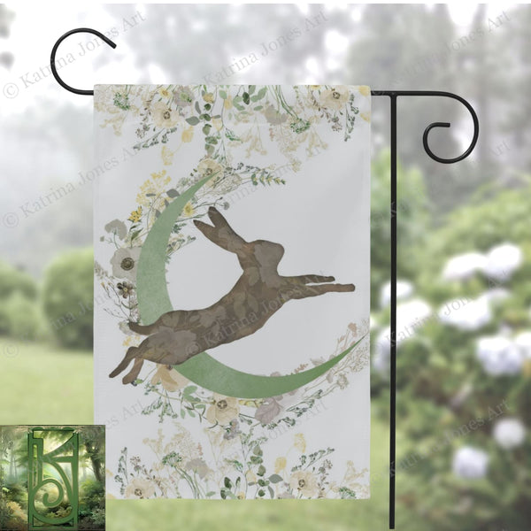 Spring Garden Flag - Easter Hare Moon Cottage Flowers Decor For Ostara