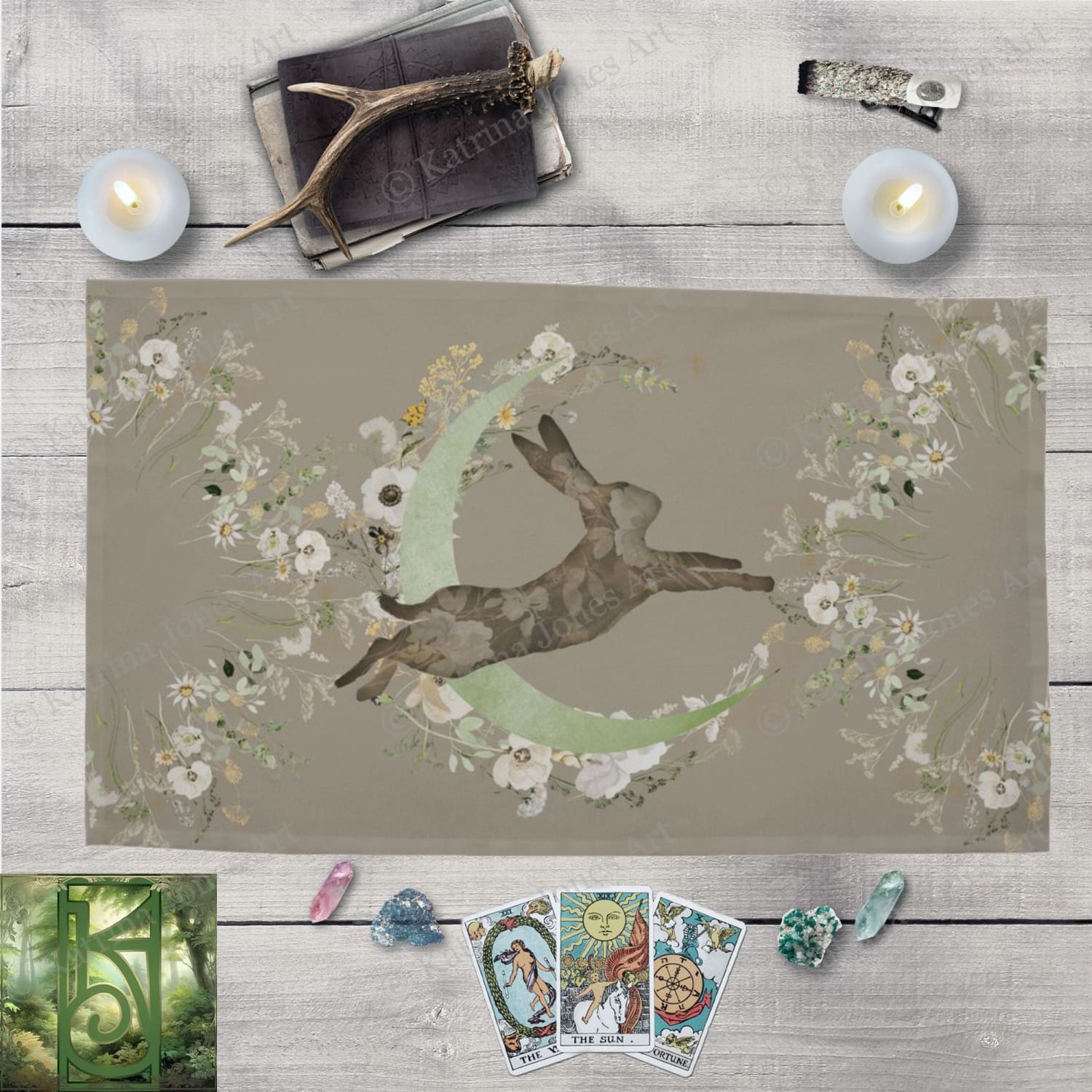 Altar Cloth Spring Hare Moon Rabbit Ostara Tarot Mat Decor Cotton Twill Rec