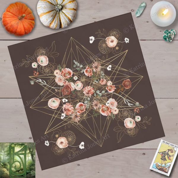 Altar Cloth Tarot Floral Geometric Grid On Dark Brown Square