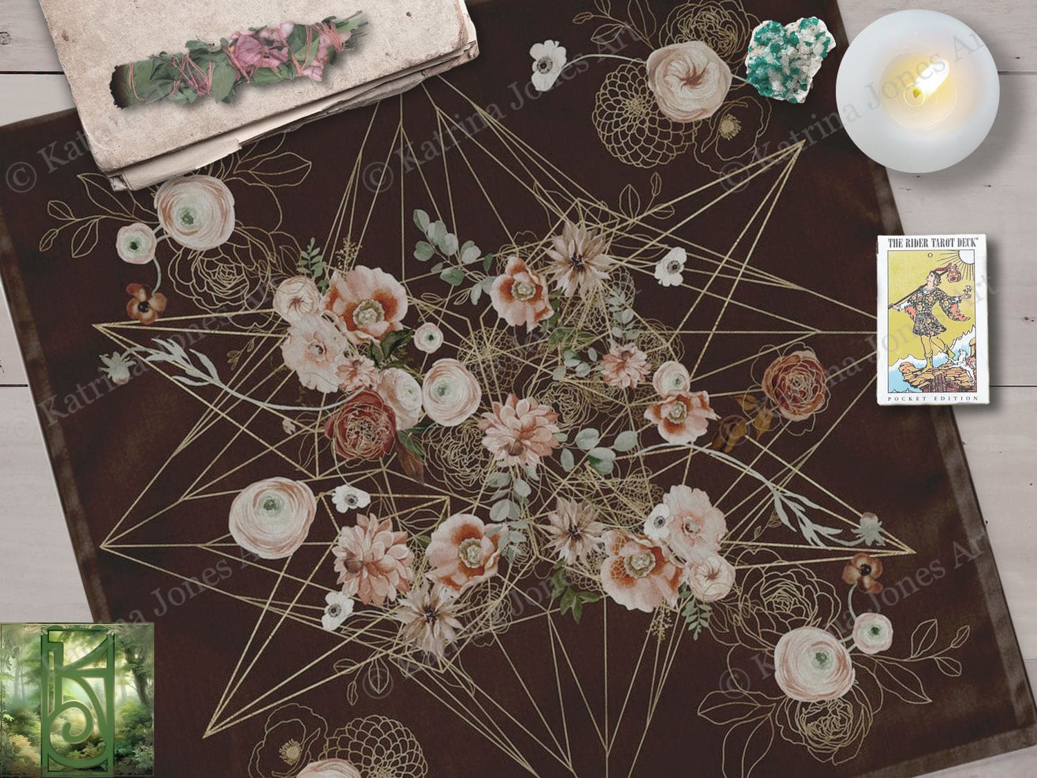 Altar Cloth Tarot Floral Geometric Grid On Dark Brown Square