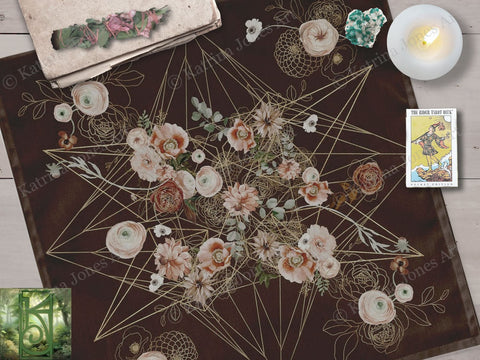 Altar Cloth Tarot Floral Geometric Grid On Dark Brown Square