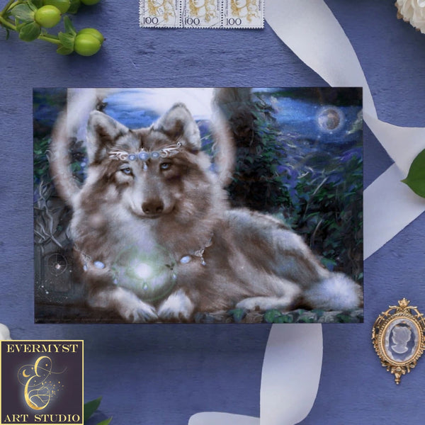 Star Wolf Greeting Card Fantasy Art Mythic Blank Notecard Stationary