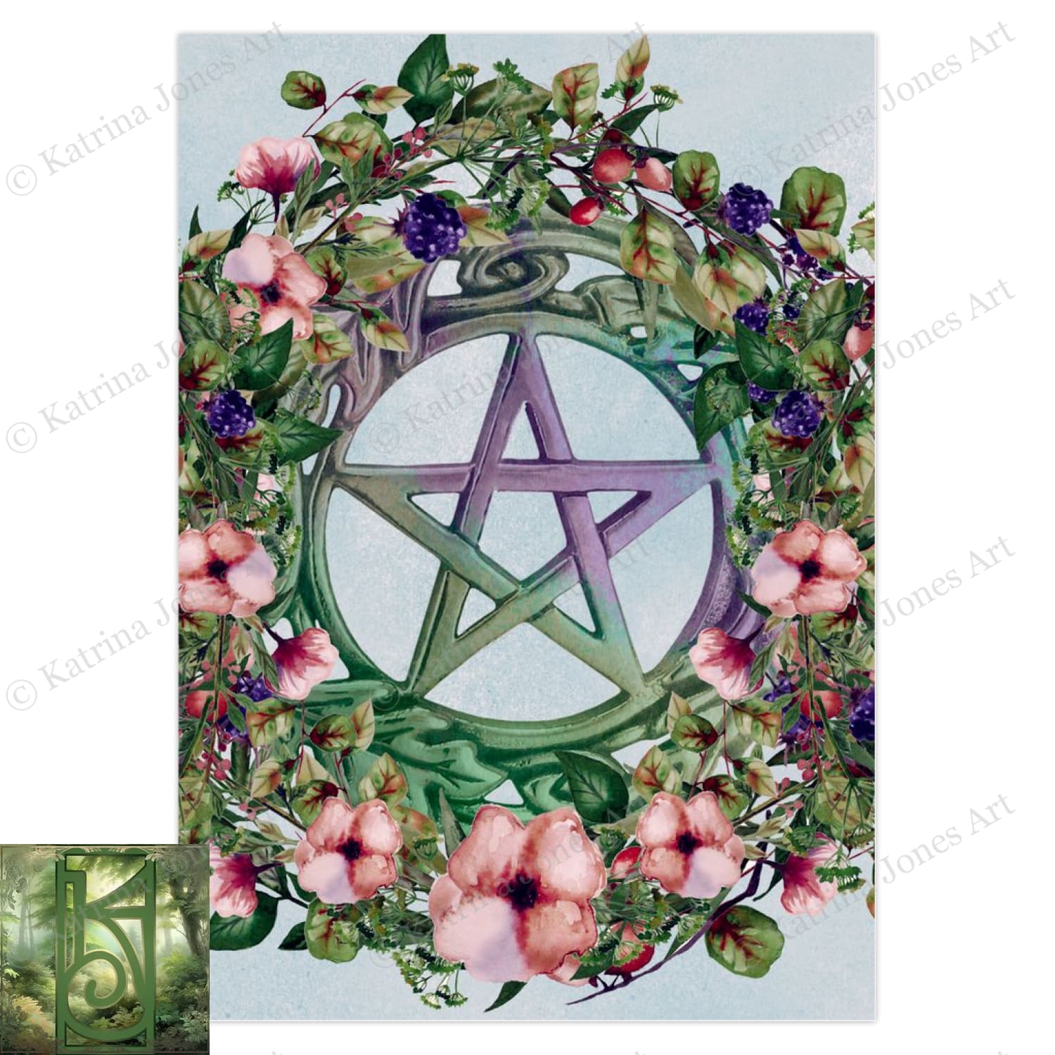 Summer Berry Blossoms Pentacle Card Witch Pagan Blank Notecards 1