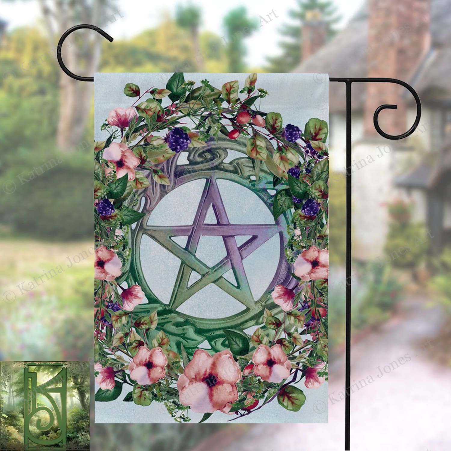 Summer Botanical Pentacle Flag - Witch Wicca Pagan Decoration For Litha