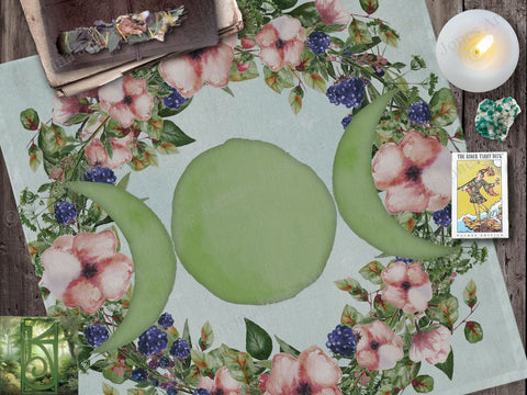 Summer Green Triple Moon Altar Cloth - Tarot Witch Decor And Seasonal Altars Square