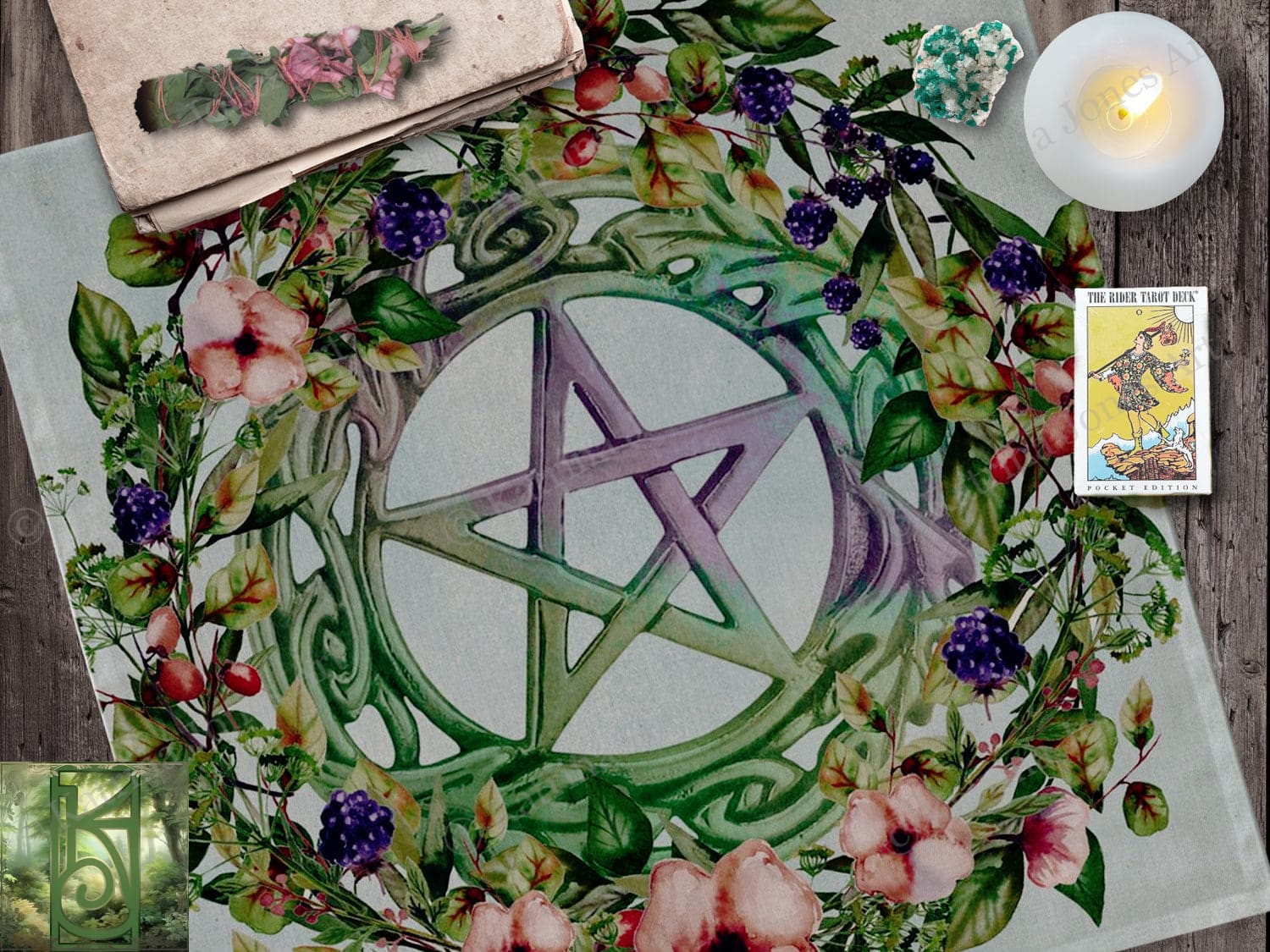 Pentacle Altar Tarot Cloth - Floral Fruits Witch Decor For Litha 22X22 Inch Twill Square