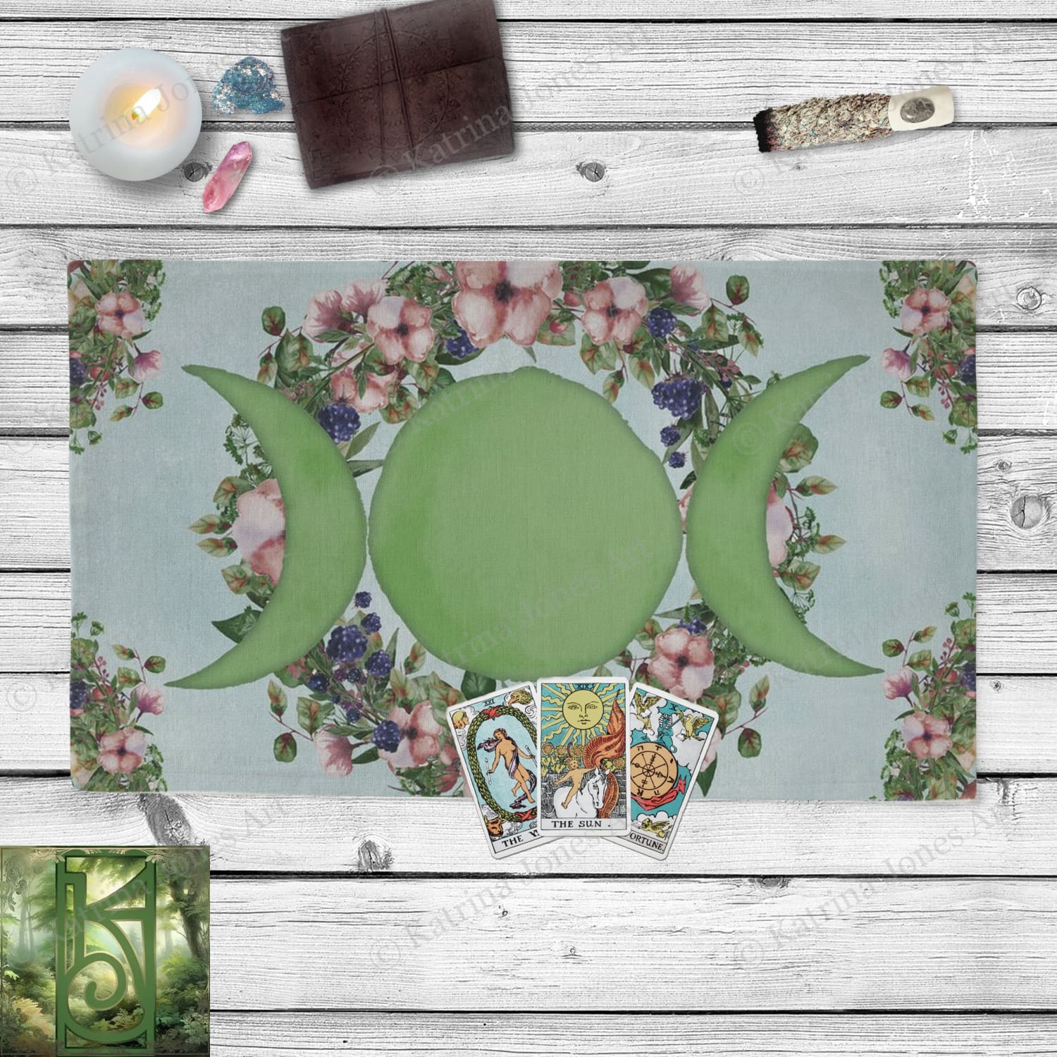 Triple Moon Wicca Altar Cloth - Summer Solstice Fruit And Flower Tarot Mat Rec