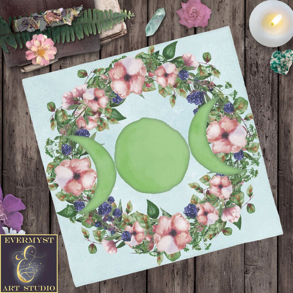 Summer Green Triple Moon Altar Cloth - Tarot Witch Decor And Seasonal Altars Square