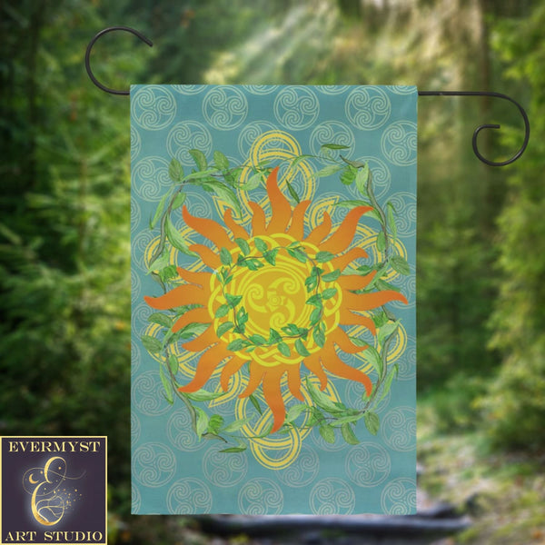 Summer Litha Garden Flag - Celtic Sun Greenery Motif