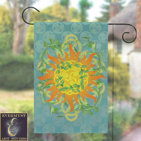 Summer Litha Garden Flag - Celtic Sun Greenery Motif