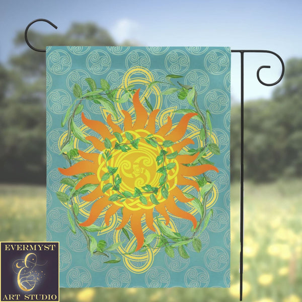 Summer Litha Garden Flag - Celtic Sun Greenery Motif