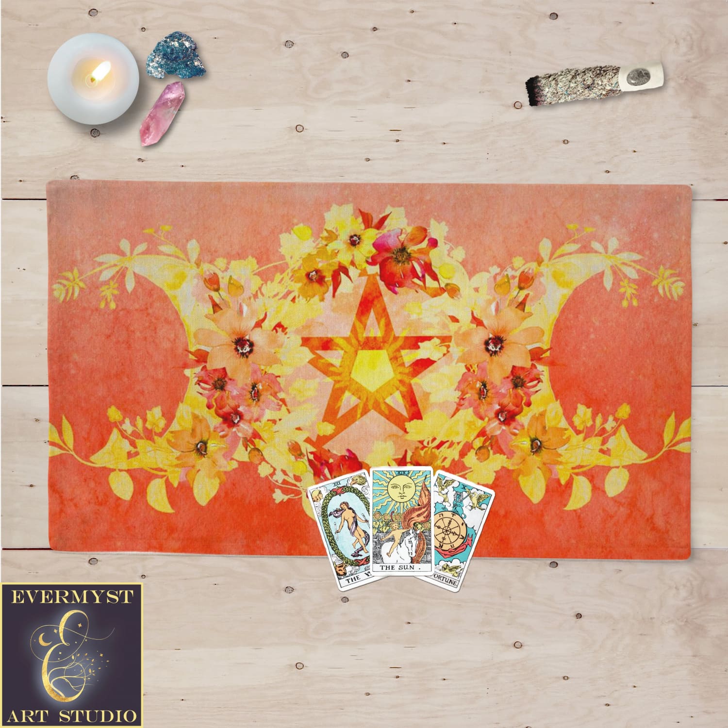 Summer Pentacle Altar Cloth Witch Litha Pagan Tarot Mat Cotton Twill Altar Cloth Rec