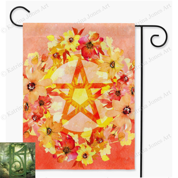 Sun Pentacle Garden Flag - Summer Solstice Pagan Decoration For Witches