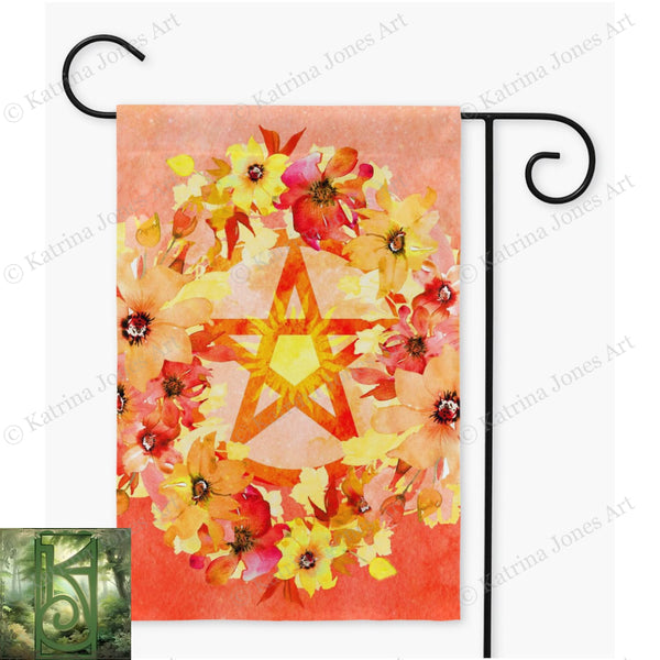 Sun Pentacle Garden Flag - Summer Solstice Pagan Decoration For Witches