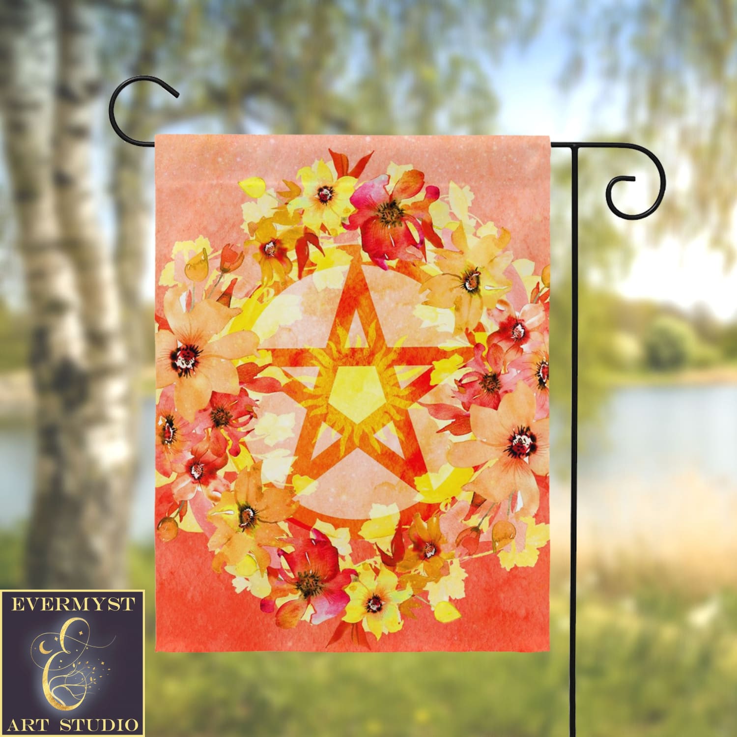 Sun Pentacle Garden Flag - Summer Solstice Pagan Decoration For Witches