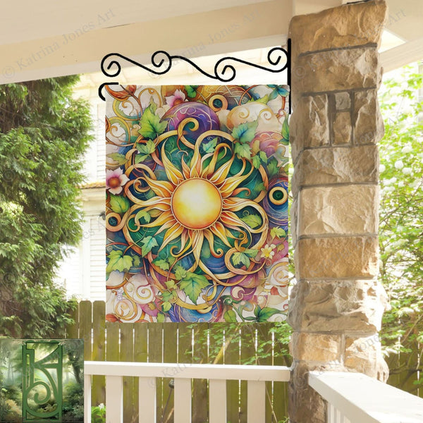 a picture of a sunflower on a wall on a porch