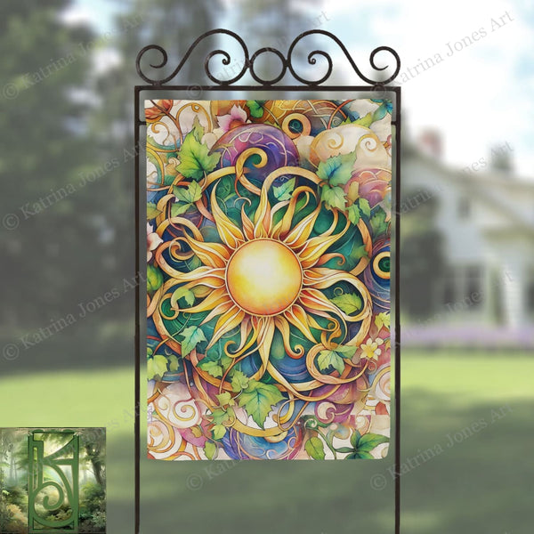 a colorful picture of a sun on a flag