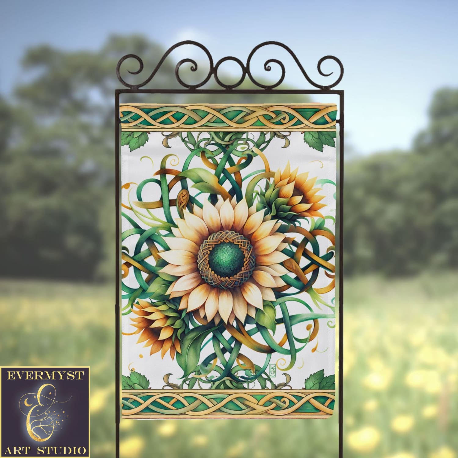 a picture of a sunflower on a metal frame