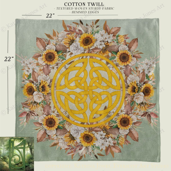 a square with a large, intricate design of a Celtic knot surrounded by a vibrant floral arrangement.