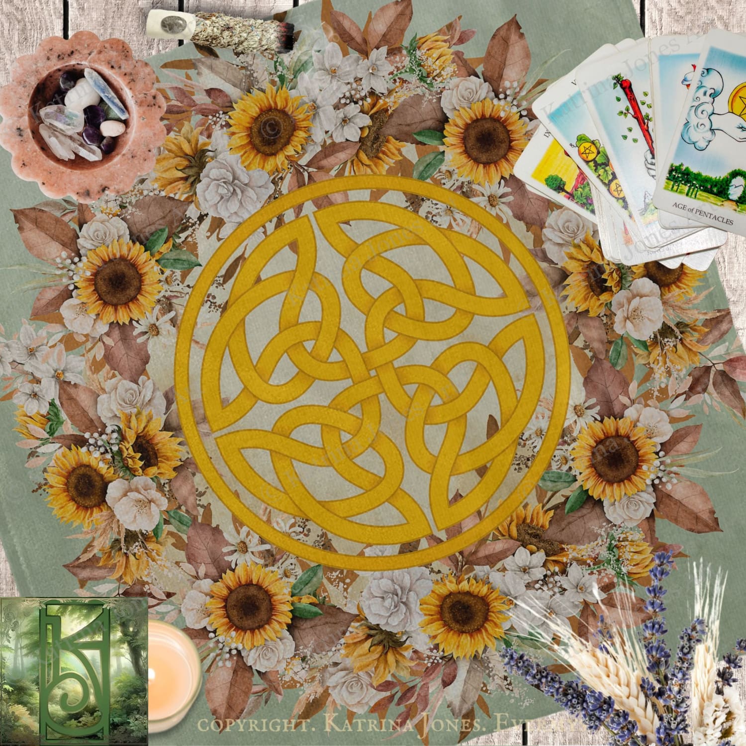 The image is a vibrant and colorful collage featuring a Celtic knot design surrounded by sunflowers, flowers, and tarot cards.